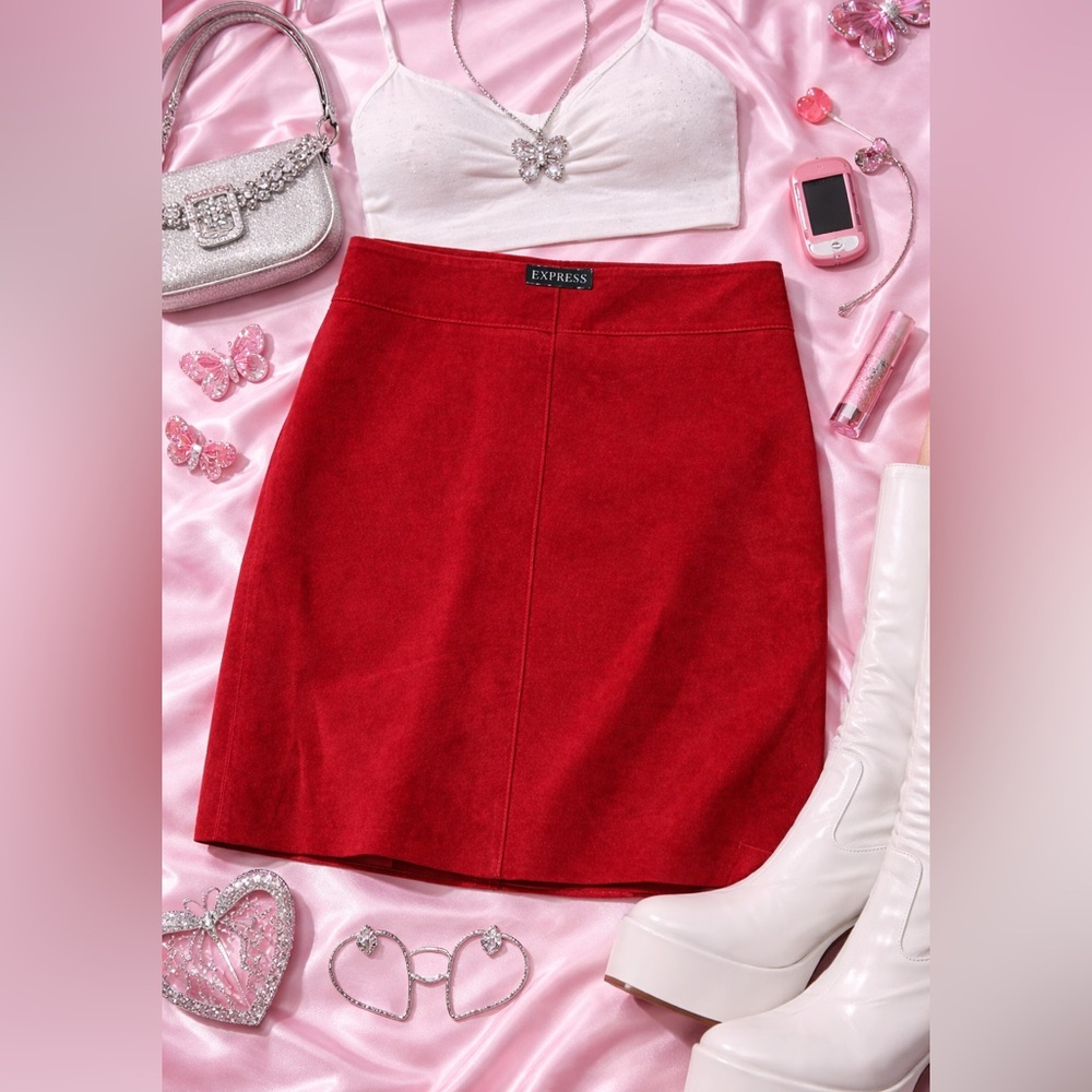 Vintage Y2K Deadstock Express Genuine Suede‎ Pencil Skirt Red Leather Size 3/4